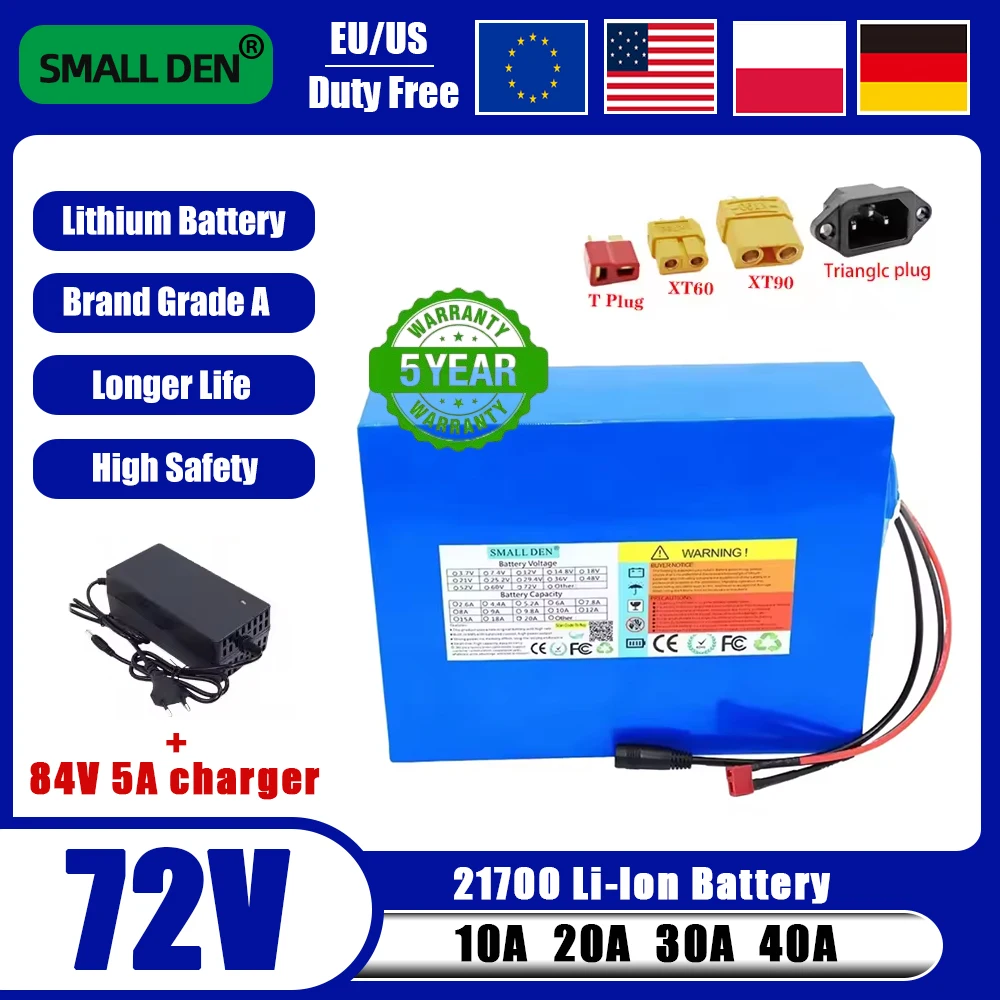

New 72V 40Ah 30Ah 20Ah 10Ah 21700 20S8P lithium battery pack with built-in BMS 0-3500W motor high-power rechargeable battery