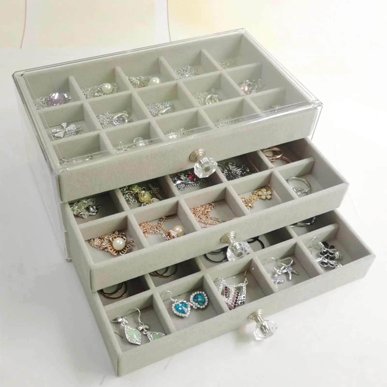 Jewelry Box Watch Show Case with Grid Display Stand with Acrylic Clear Cover Tray Jewelry Organizer Flannel for Women Girls