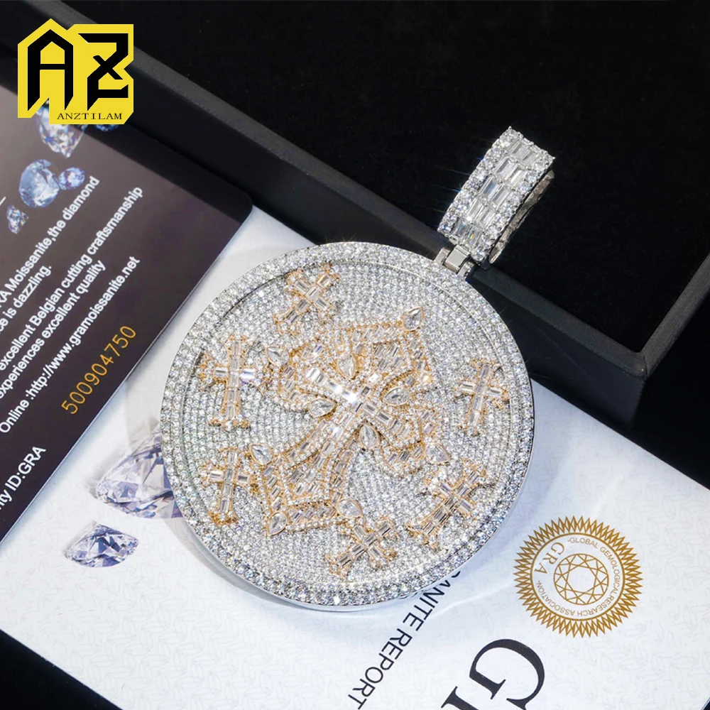 Anztilam VVS Moissanite Round Cross Pendant Iced Out Pendant Necklaces For Men Link Chain Women Brass Zircon Hip Hop Jewelry