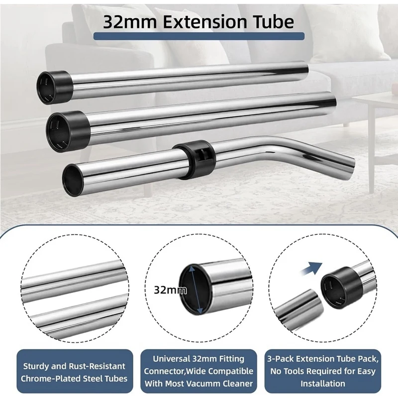 ABRW 3-Pack Extension Tubes with Floor Head for Numatic Henry Hetty for Hoover 32mm Vacuum Accessories Compatible James David