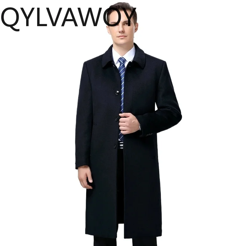 

QYLVAWOY Autumn Winter Long Coat Men's Winter 100% Cashmere Coats for Men Woolen Jacket Over Knee Warm Clothes Male Clothing