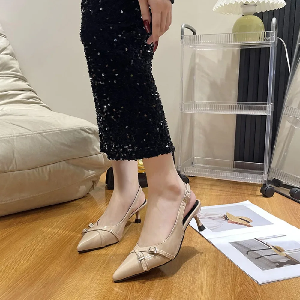 Modische Spitze Pumps mit Flachem Ausschnitt Neue Hochhackige Schuhe Sommer Elegante Stiletto-Schuhe mit Schnallendekoration Schwarze Damenschuhe – Detail 5
