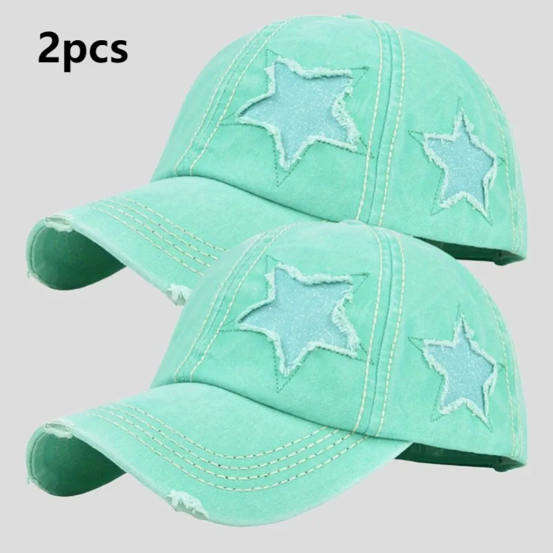 

New Fashion Women Ponytail Cap Sequins 5-Point Star Hole Design Baseball Cap Female Washed Cotton Streetwear Hats