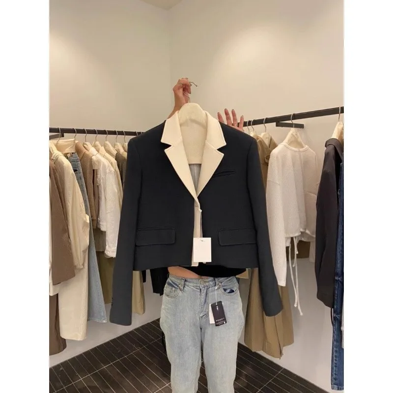 

Women Clothing Spring Autumn Fashion Korean Button Solid Color Ladies Office Lady Contrasting Colors Turn-down Collar Coat Top T