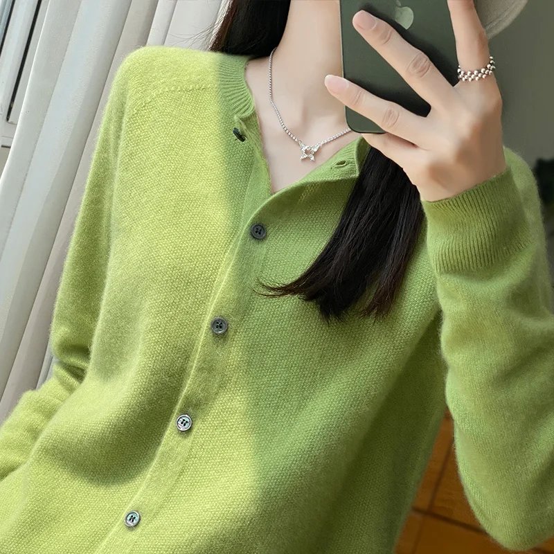 New Fashion Spring 100%Pure Merino Wool Women\'s O-neck Cardigan Cashmere Sweater Female Clothing Grace Knitwear Lady Korean Tops