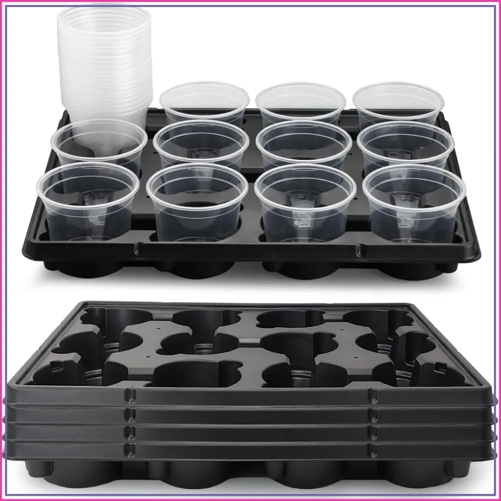 60 Pcs 4 Inch Clear Plant Pots with 5 Nursery Trays, Thick Plastic Seed Starting Trays for Germination, Black