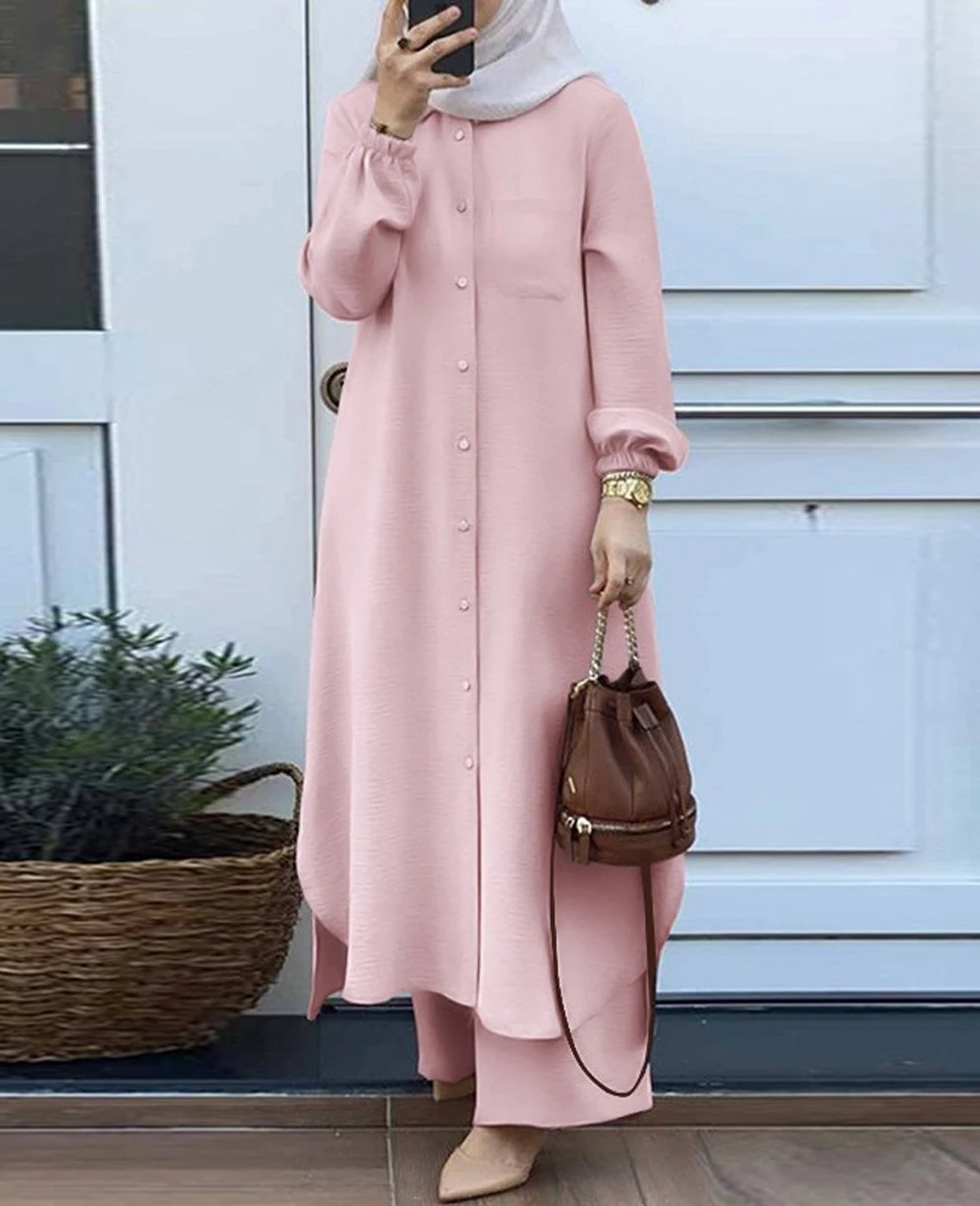 Pink Green Black Muslim Groups Women's Suit Shirts And Pants Blouse Chic Casual Plus Size Clothes 2 Piece Set Long Sleeve Dress