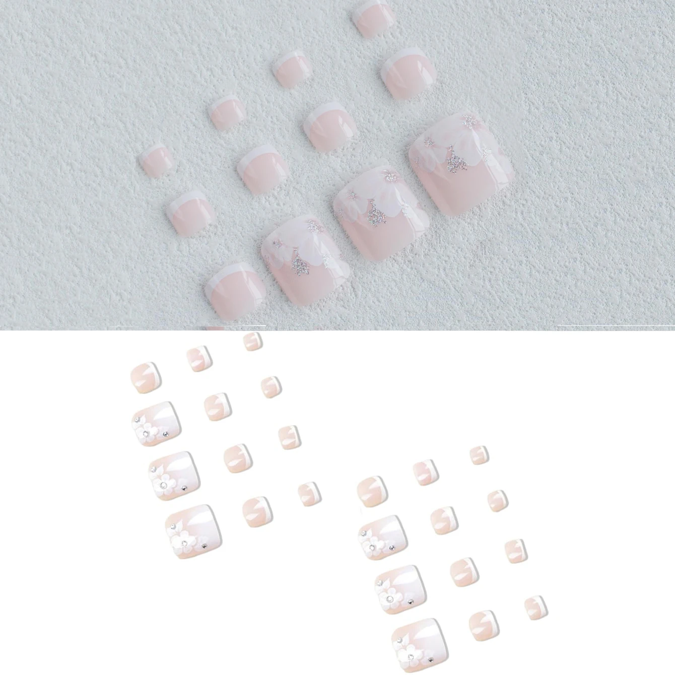 144 pièces/6 ensembles-ongle faux bord français blanc naturel-carré conception différente pressé acrylique faux ongle