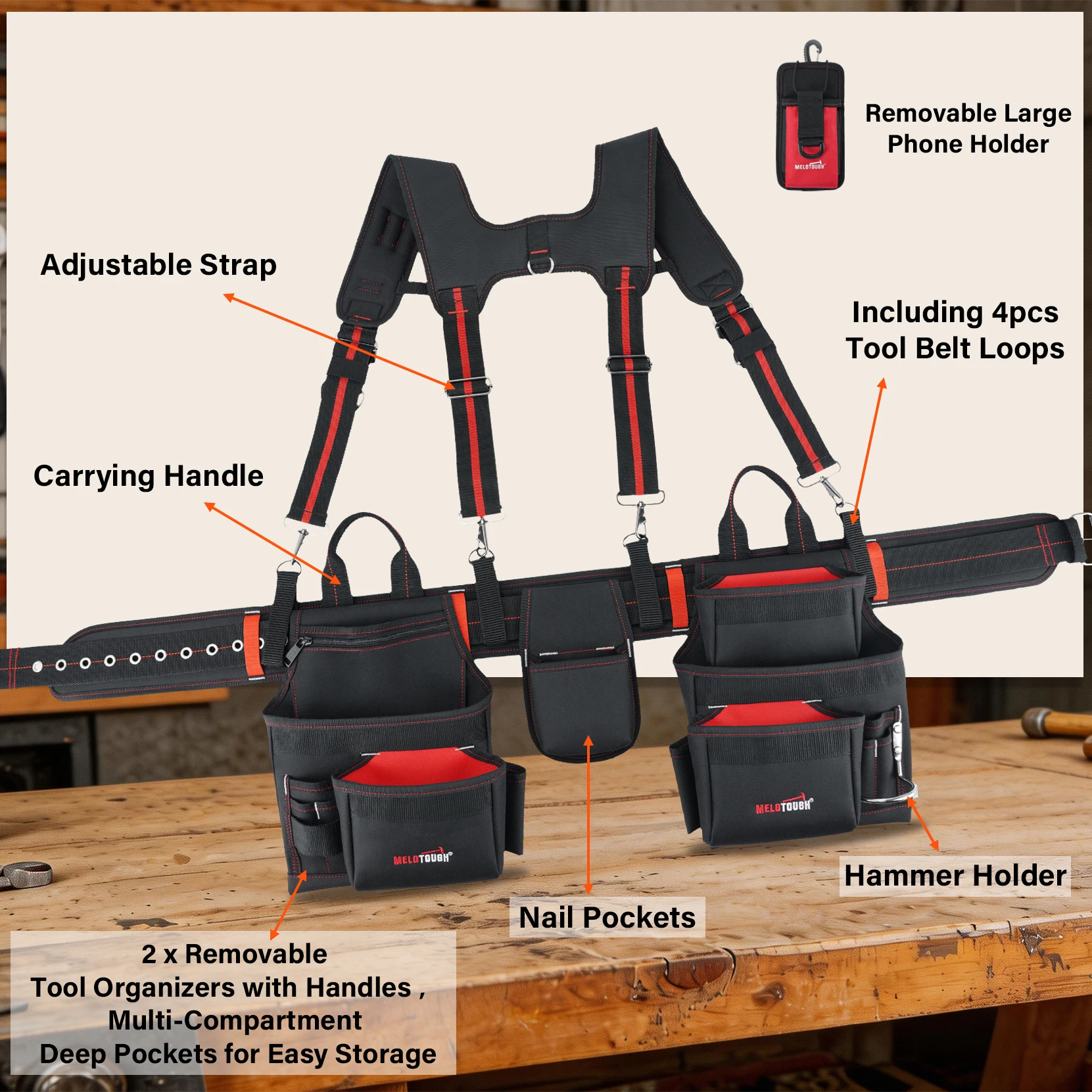 Ergonomic Tool Belt Apron Rig, 29 Pockets Heavy Duty Tool Pouch with Padded Suspenders & Back Support for Construction Workers