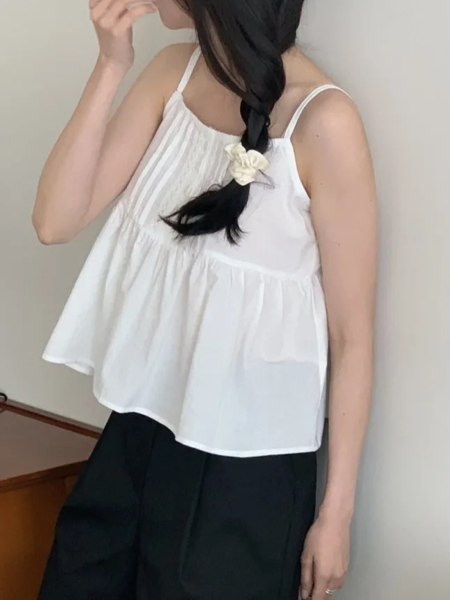 시크하고 신선하며 귀여운 여성용 민소매 탱크탑 여름 2025 디자인 감각 트렌디 출퇴근 스타일 순색 기타 소재 00