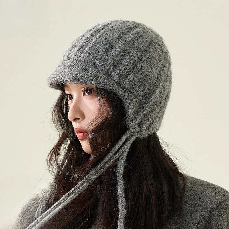 Korean Niche Knitted Hat Girls Personality Fashion Show Face Small Flow Speed Duck Tongue Wool Hat Ear Bag Thickened Flying Hat