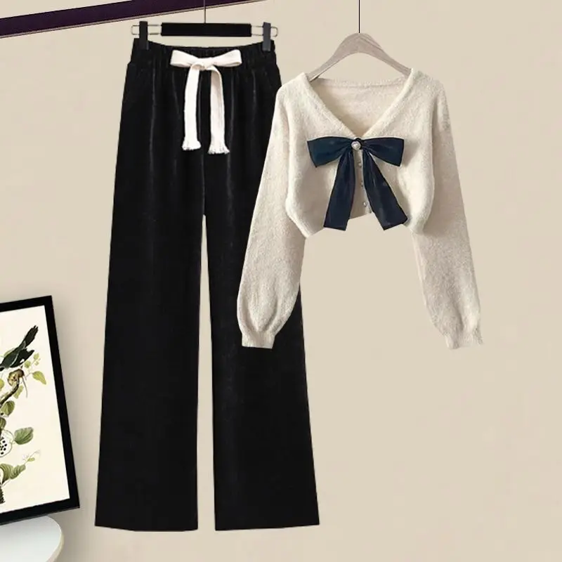 

Large Size Women's Spring Autumn Suit 2025 New Style Slim Knitted Sweater High Waist Wide-leg Pants Two-piece Set