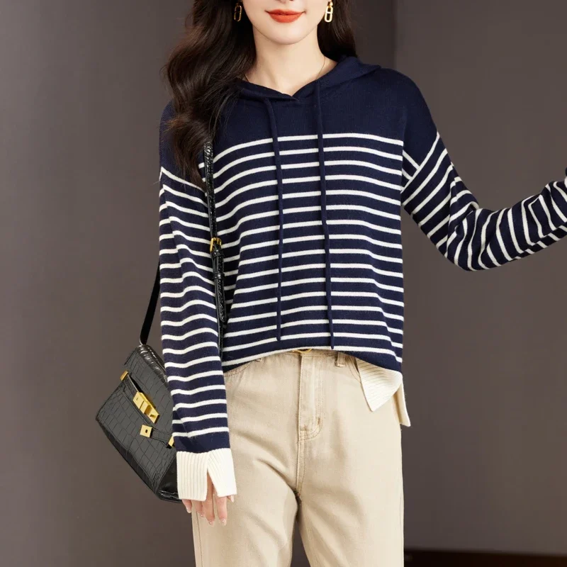 

JHooded Acquard Loose Knit Sweater for Women Casual Fashion Korean Ladies Pullover Tops 2024 Spring Long Sleeve V-neck Jumpers