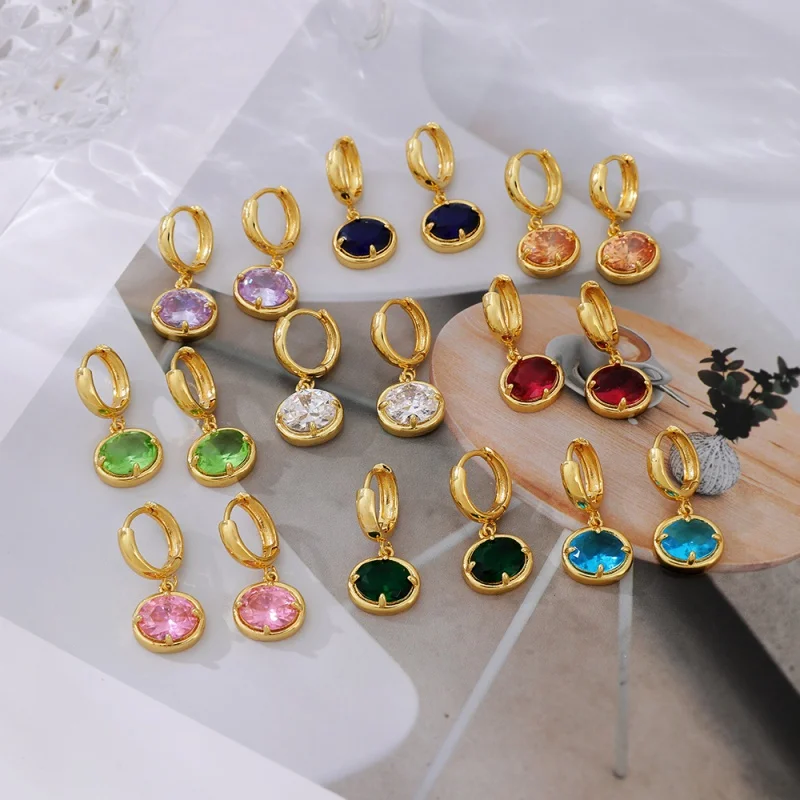 Copper Inlaid Zircon Oval Gemstone Pendant Earrings, Light Luxury Daily Women's Earrings, Available In Multiple Colors