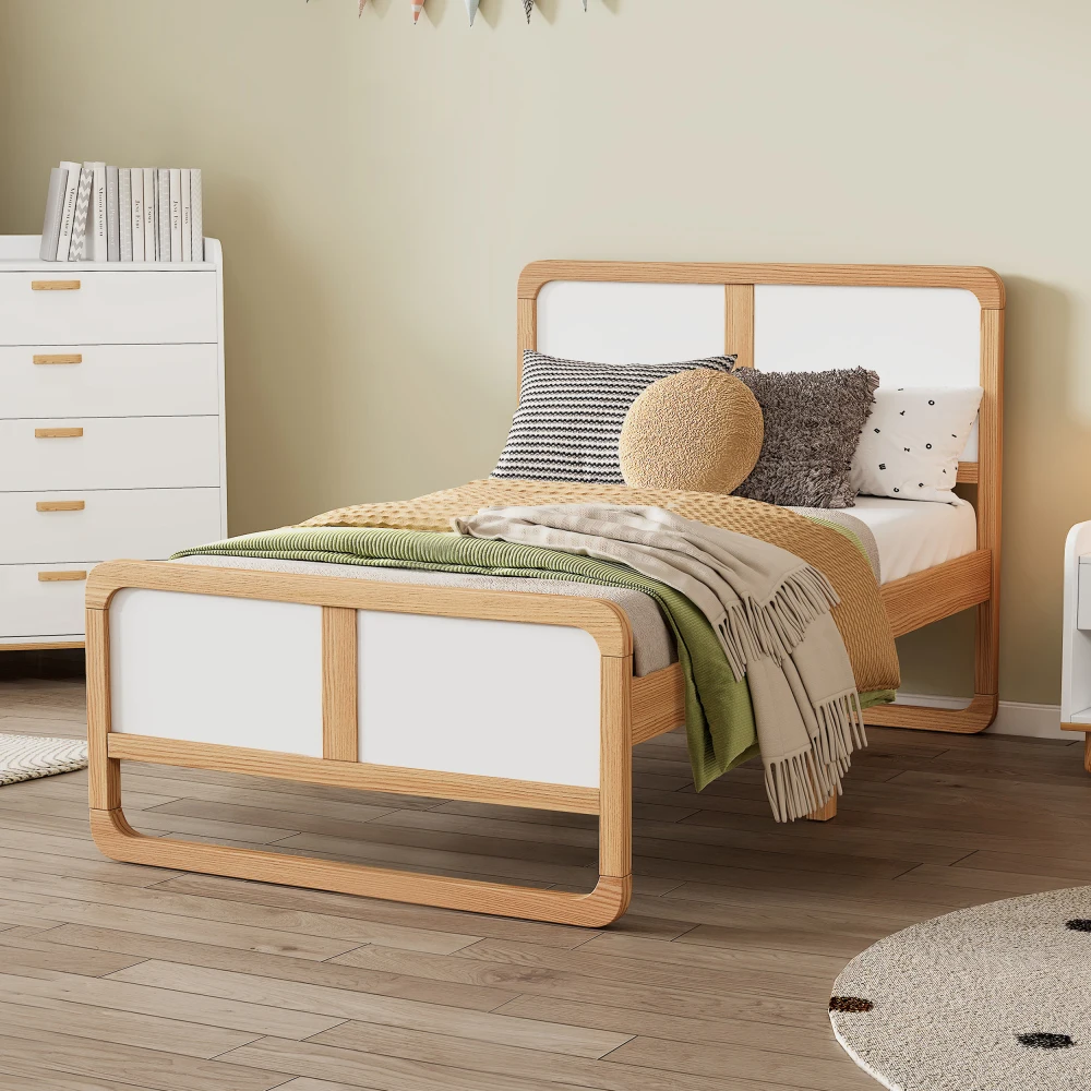 Solid Wood Platform Bed, Modern Style Bed for  Kids, Teens, Adults, No Need Box Spring, Walnut and White, Bedroom Funiture