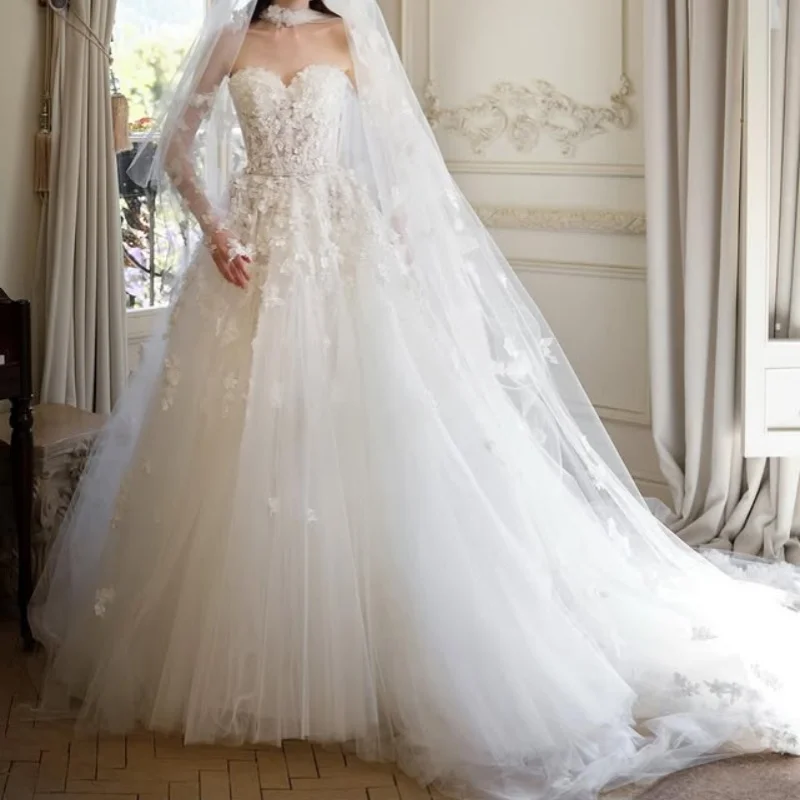 ivory white Appliques Wedding Dresses decal off-shoulder 3D flower Bridal Gowns multi-layer Made Customized