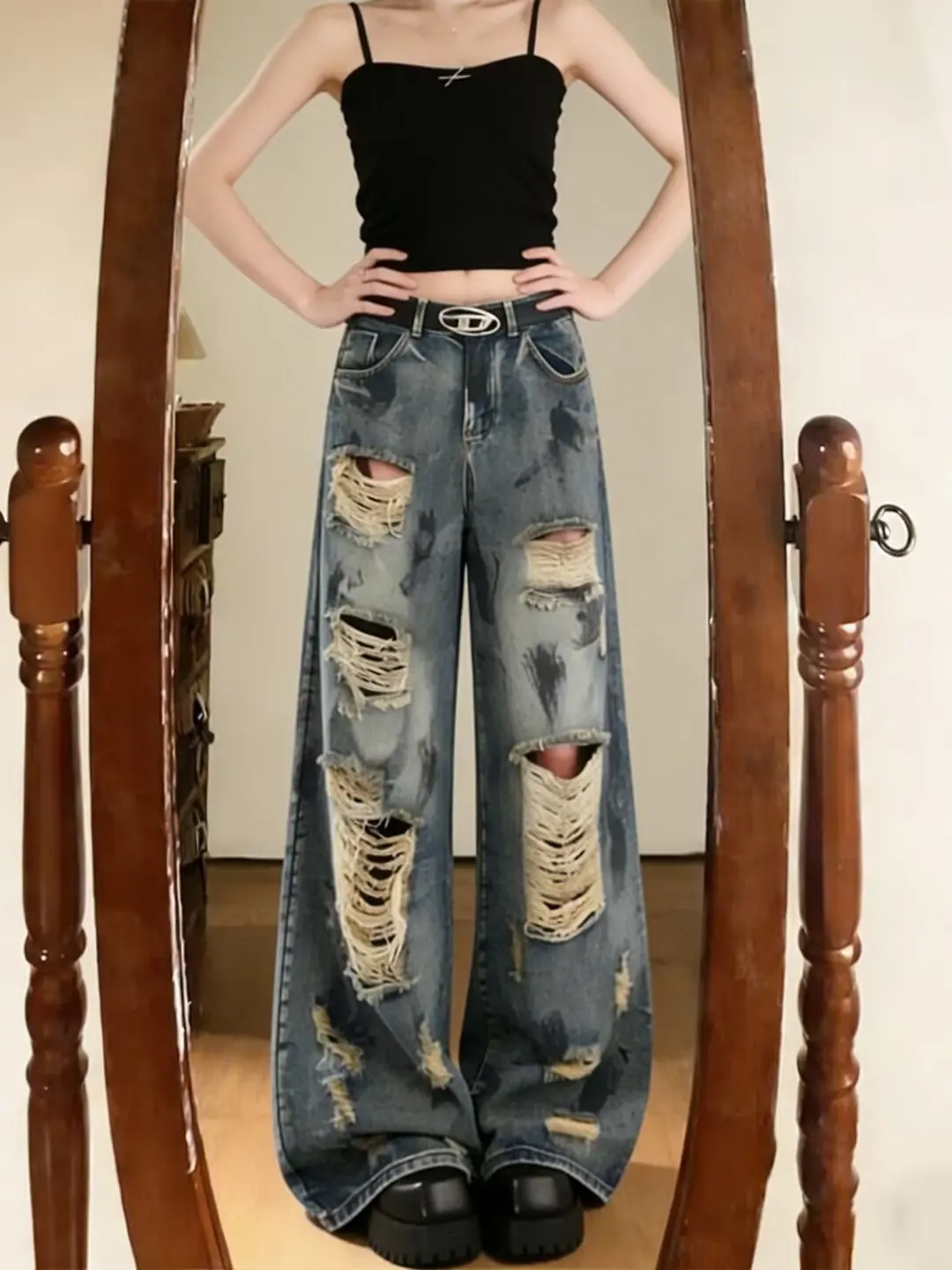 Loose Wide Leg Jeans Women's Summer Design Sense Splashed Ink Hole Punching Jeans Ladies Casual Straight Cut Denim Trousers