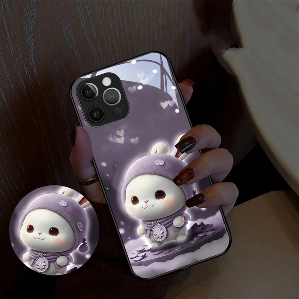 Kawaii Bunny LED Light Glowing Luminous Tempered Glass Back Phone Case For iPhone 16 15 14 13 12 11 Pro Max XR XS Plus SE2020