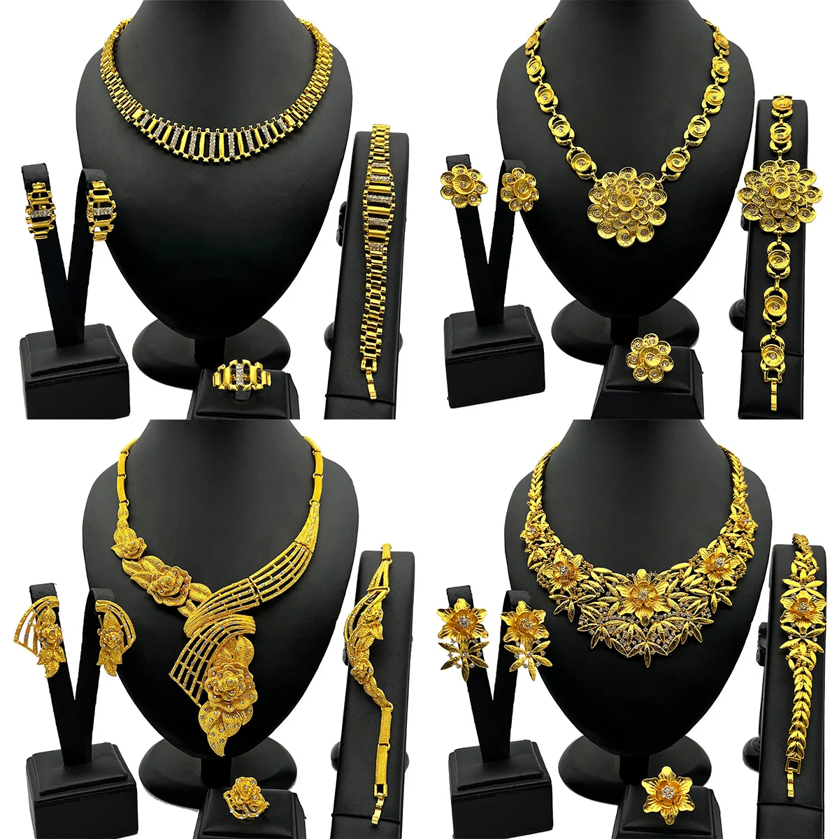 

ESALE Dubai 24K gold-plated bridal necklace earrings bracelet ring jewelry set flower alloy jewelry set