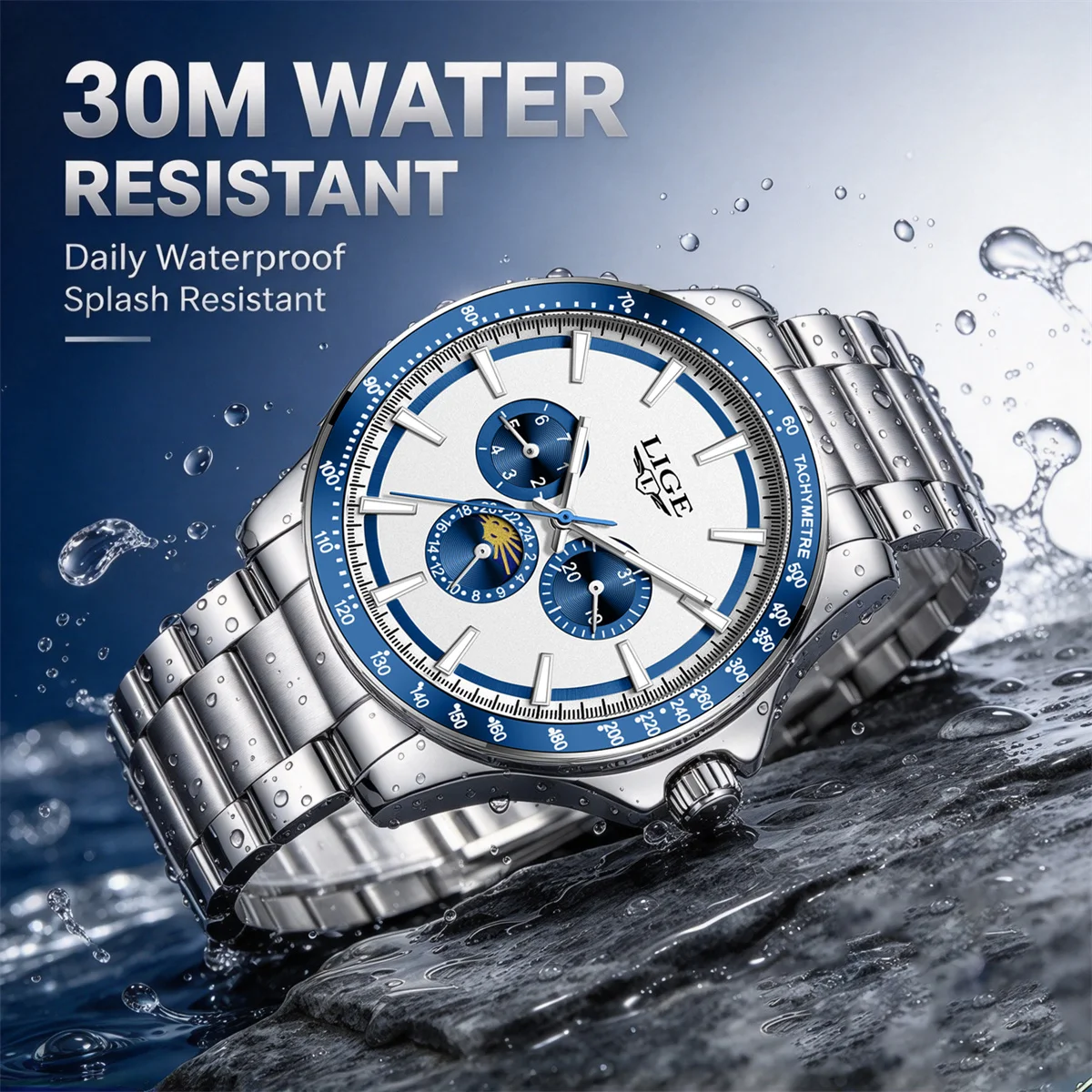 LIGE Men Luxury Business Watches Quartz Watch Luminous Calendar Moon phase Man Watch gifts for man reloj Montre pour hommes