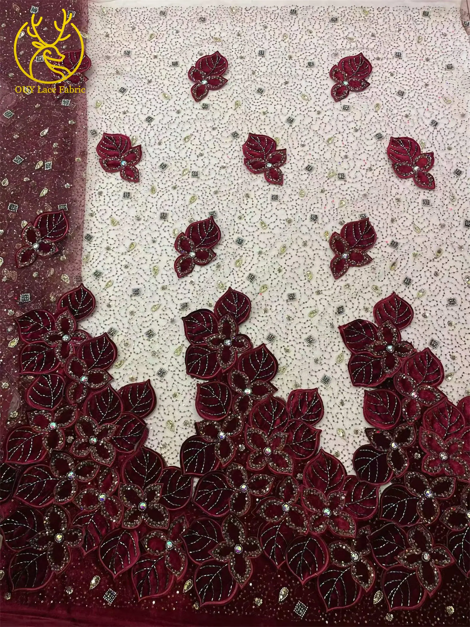 Weinroter Luxus Afrikanischer Samt DIY Handgemachte Stickerei Blatt-Pailletten Spitzenstoff 2026 Französischer Bräutigam Perlen-Spitzenstoff Kleid – Detail 5
