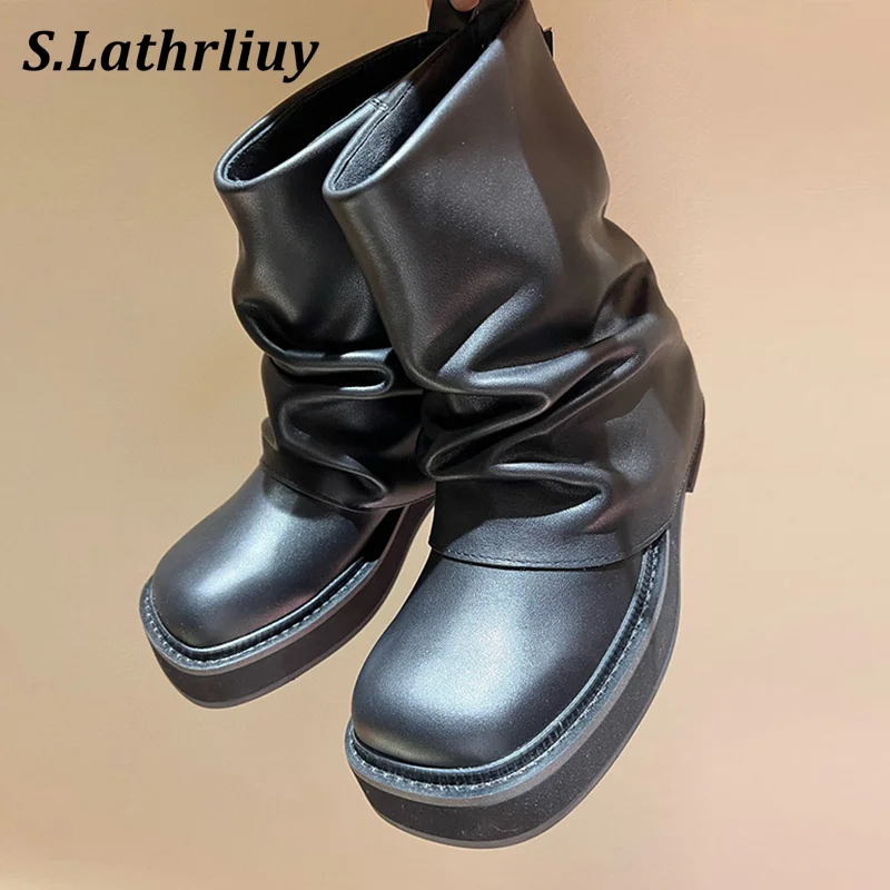 

Autumn Winter Genuine Leather Pleated Ankle Boots Women's Square Toe Thick Bottom Trouser Boots British Style Short Botas 2024