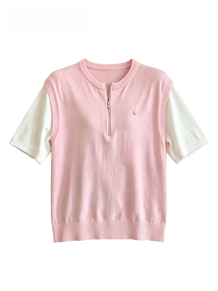 

Summer Short Sleeve T-Shirt Women's plus Size Regular Fit round Neck Splice Shoulder Korean Style Rylee Fiber Casual Top