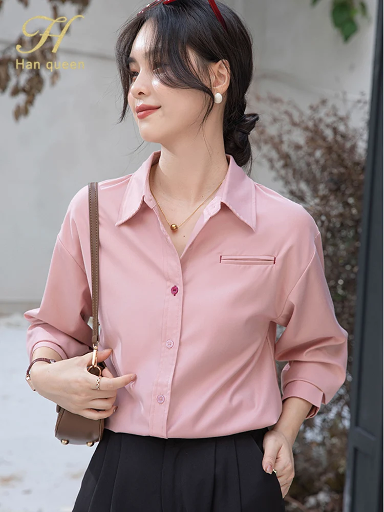 

H Han Queen New Autumn Blouse Elegant Long Sleeve Loose Shirts Women's Blouses Vintage Work Casual Tops Korean Reviews Clothes
