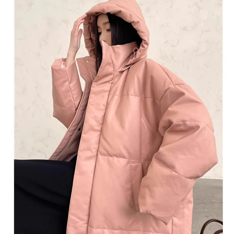 PU leather Down Jacket Women\'s 2025 Winter New Korean version Hooded White duck down Loose Thick Coats Female Parka Overcoat