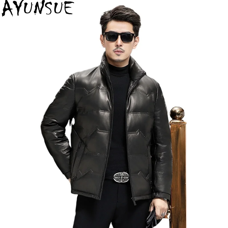 

AYUNSUE Top Layer Calfskin Man Leather Jacket Winter Short Warm Goose Down Coat Stand Collar Slim-fit Real Leather Puffer Coats