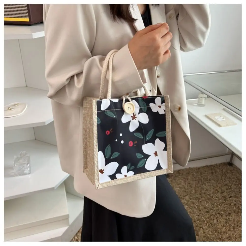 Flower Canvas Handbag Lunch Bags Picnic Breakfast Bag Linen Fabric Small Tote Large-capacity Reusable Shopping Bag With Button