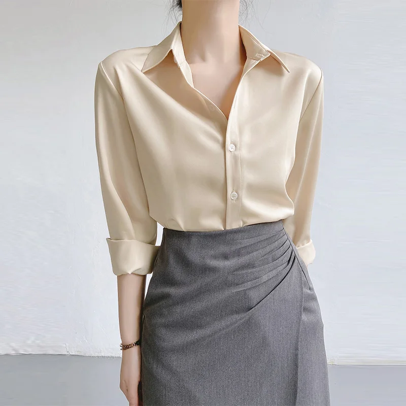 

Elegant Long Sleeve Satin Shirt Women's Premium Feel Commute Shirt Korean Style Loose Fit Button Detail Pure Color Neck