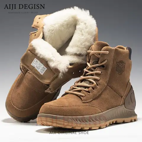 Winter Snow Boots Men's Fur Lace Up High Top Thick Warm Wool Shoes Male Cow Suede Hiking Casual Ankle Boots Youth