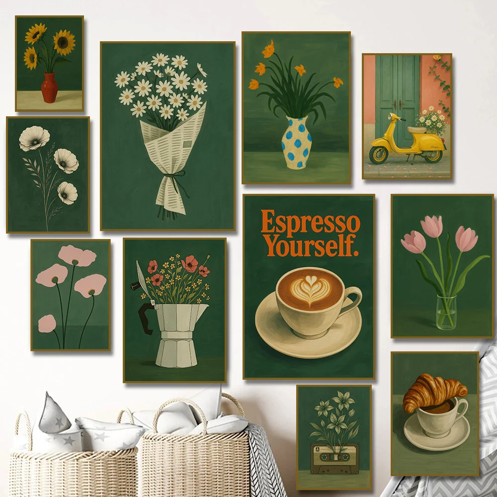 1 pieza de lienzo sin marco, póster de tulipán rosa, ramo de amapolas, cafetera Moka, impresión artística de pared para sala de estar, hogar, Cuadros