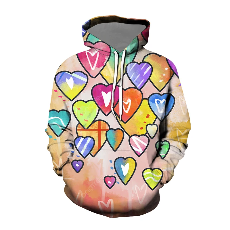Colorful Heart Graffiti 3D Print Hoodies Women Autumn Winter Long Sleeve Hooded Sweatshirts Streetwear Pullovers Female Clothing