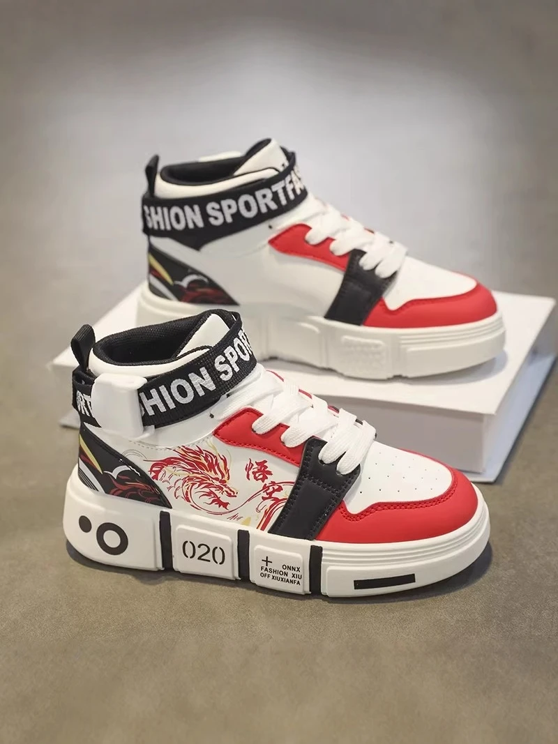 Red High Top Men's Shoes Thick Bottom Fashionable Design Wear-Resistant Magic Tape Casual Shoes for Youth Autumn Season