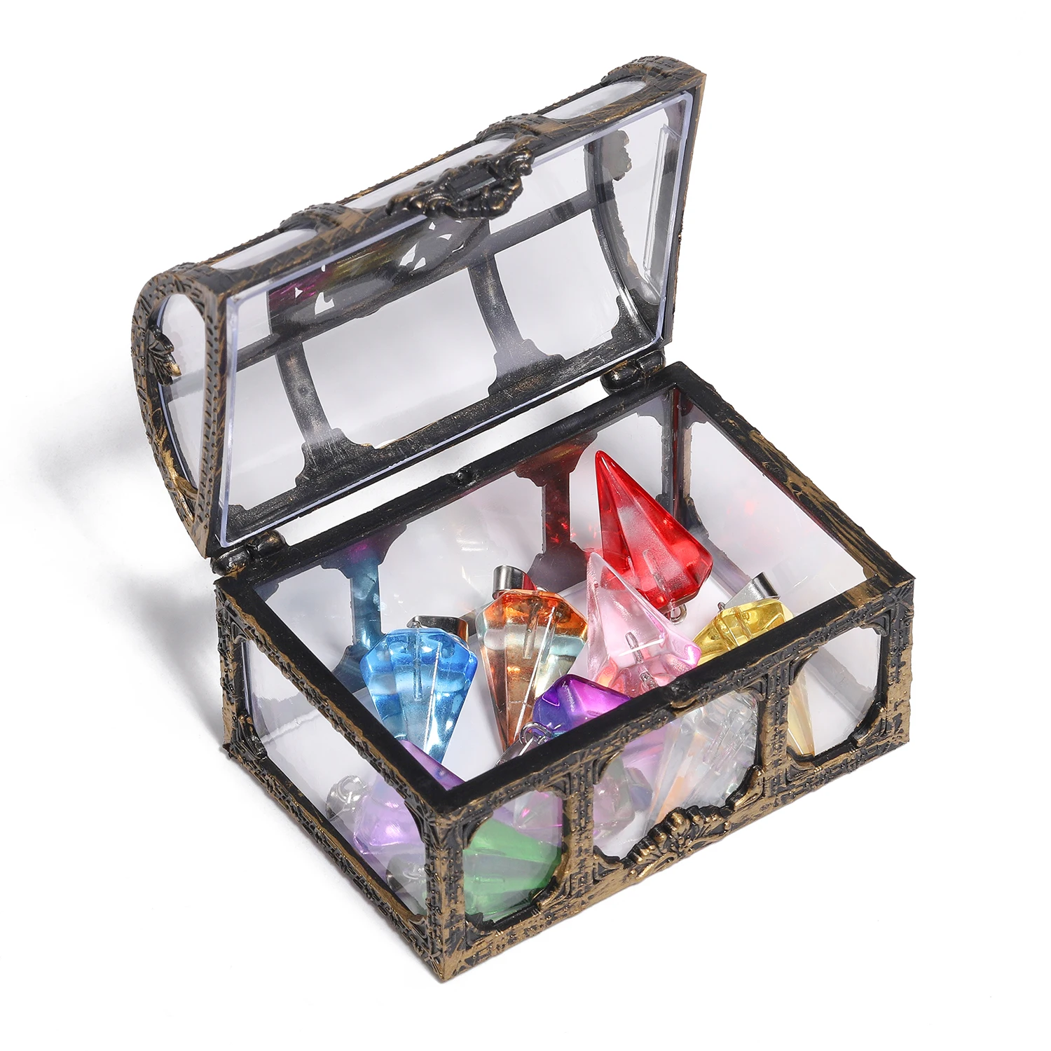 1Pcs Vintage Transparent Lagerung Organizer Box Schatz Truhe Piraten Schatz Box Kristall Edelstein Schmuck Box Kunststoff Ohrringe Brust – Detail 25