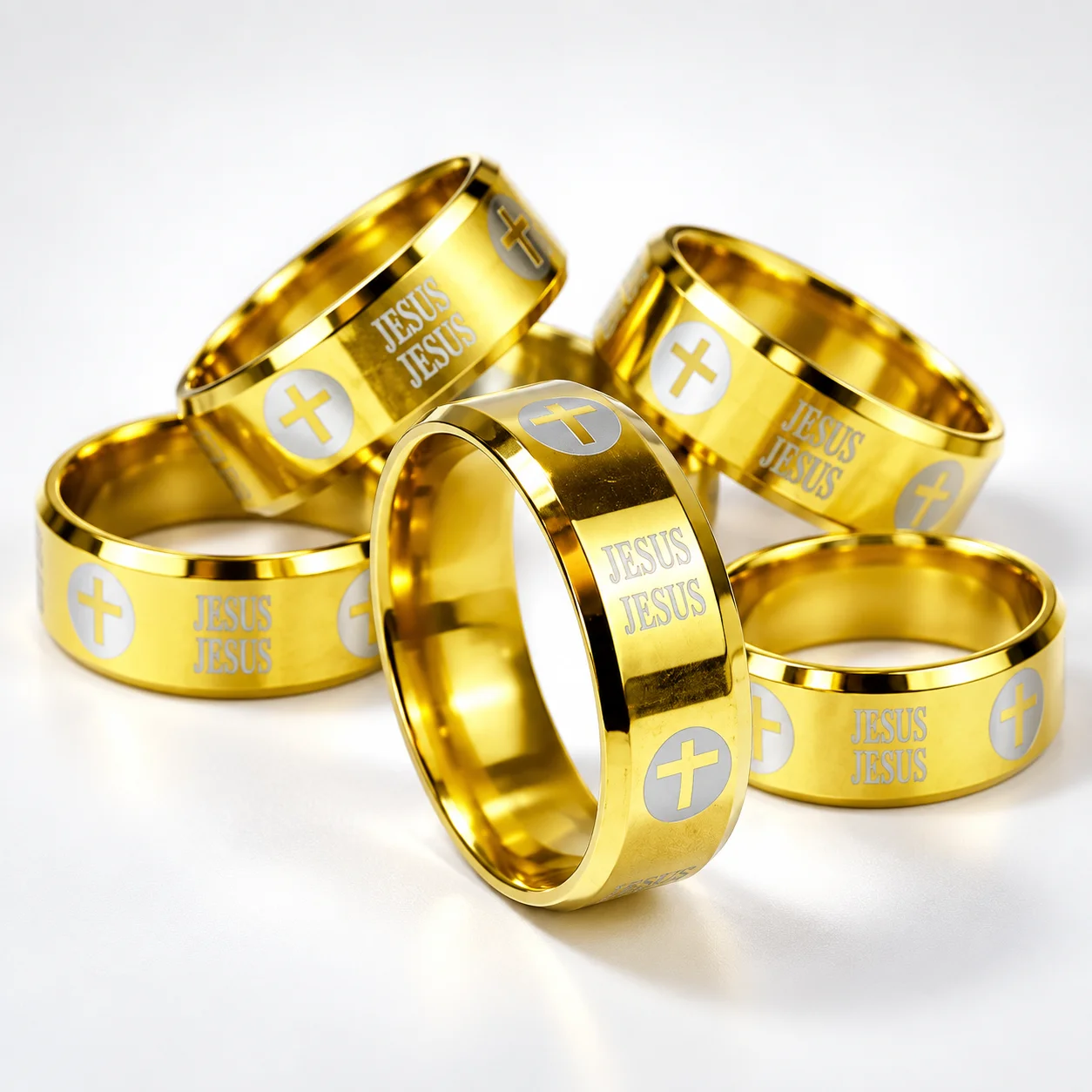 20pcs/Lot Jesus Cross Rings Stainless Steel Gold Color Christian Religious Jewelry Unisex Men Women Faith Band Wholesale Bulk