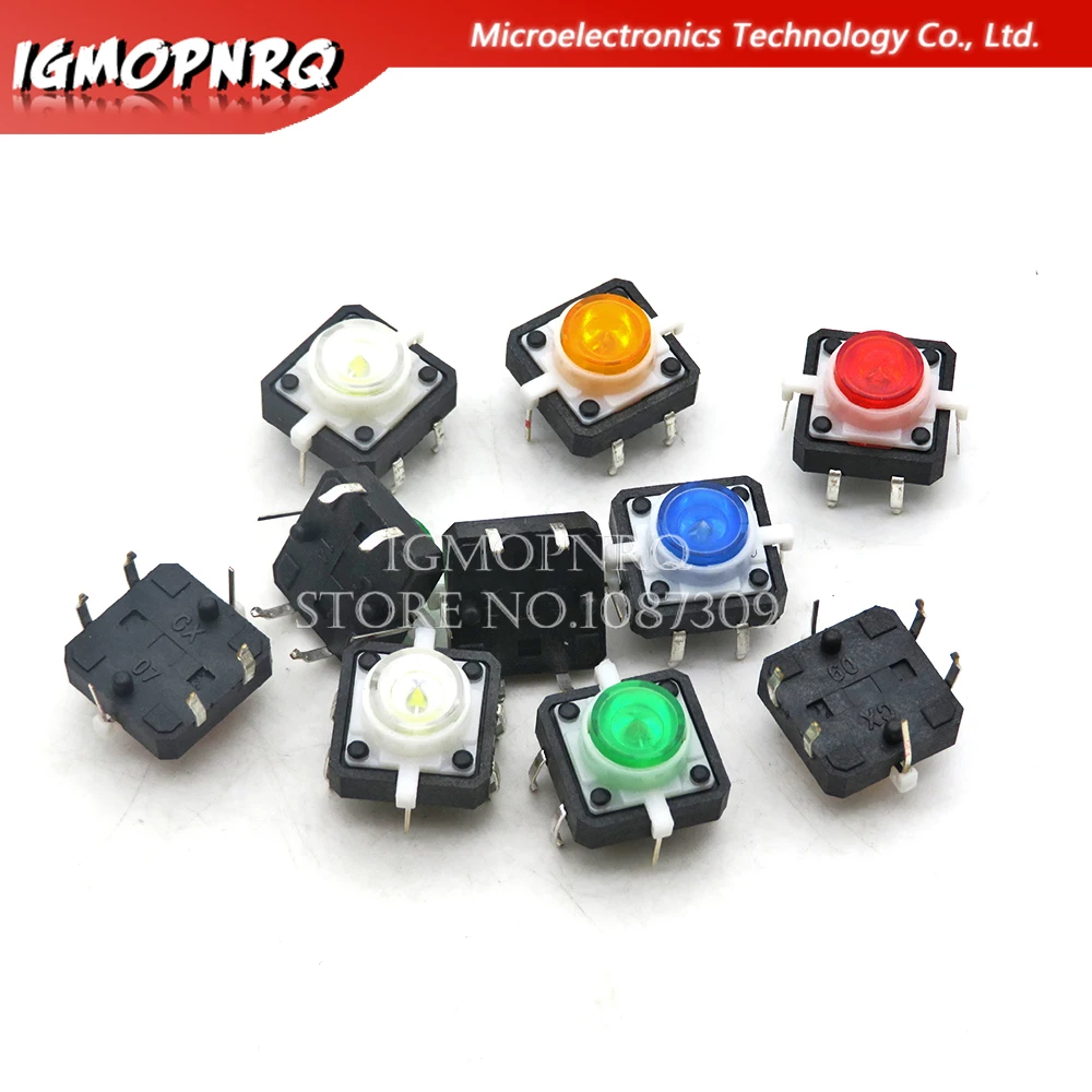 5PCS/lot new 12X12X7.3mm Tactile Push Button Switch Momentary Tact LED 5 Color 12*12*7.3mm 12*12*7.3 Red Green Blue Yellow White