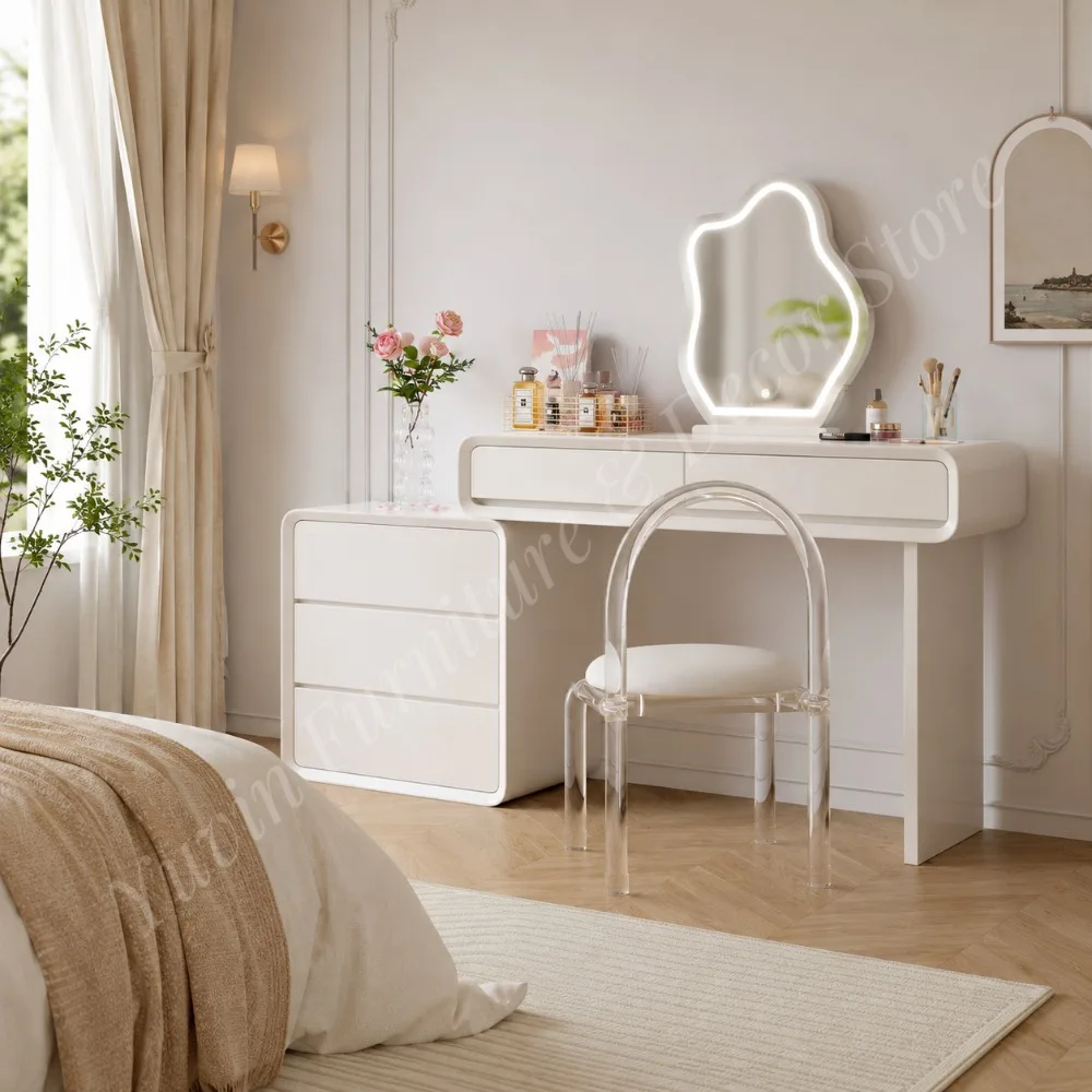 Wholesale Bedroom Dressing Table Set with Lighted Mirror Side Cabinet and Makeup Stool