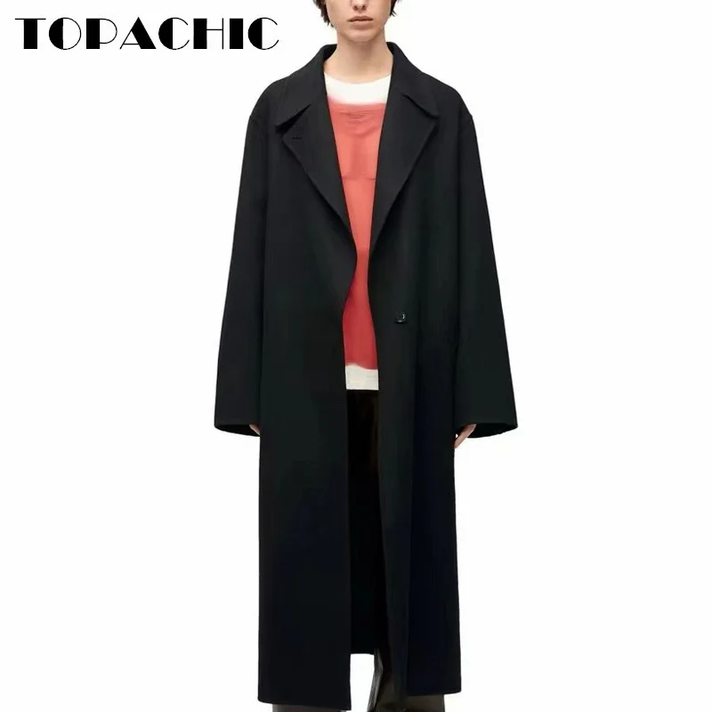 10.31 TOPACHIC-Women Solid Keep Warm Lapel Double-Sided Wool Long Coat Single Button Back Split Design Loose Outerwear