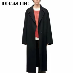 10.31 TOPACHIC-Women Solid Keep Warm Lapel Double-Sided Wool Long Coat Single Button Back Split Design Loose Outerwear