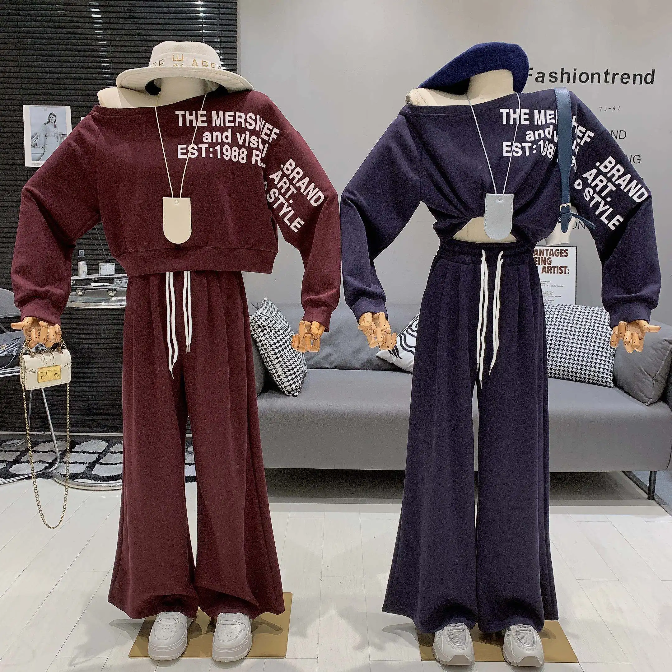 

Slimming Effect American Style Hot Girl High Street Letter Print Oblique Collar Sweater High Waist Drawstring Wide Leg Pants ...