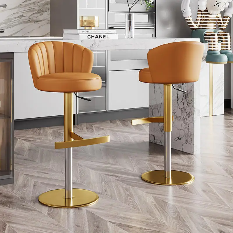 Italian Modern Orange Adjustable Lift Rotatable Bar Stool Stainless Steel Frame Backrest High Chair for Home Hotel Living Room