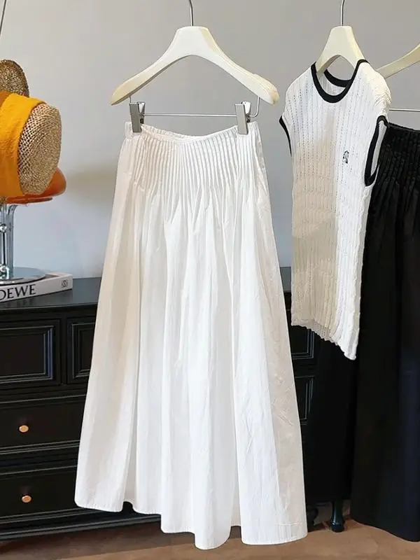 

Белая плиссированная юбка трапециевидной формы, женская модная дизайнерская летняя юбка-миди с высокой талией, чистый цвет, другой материал 00%