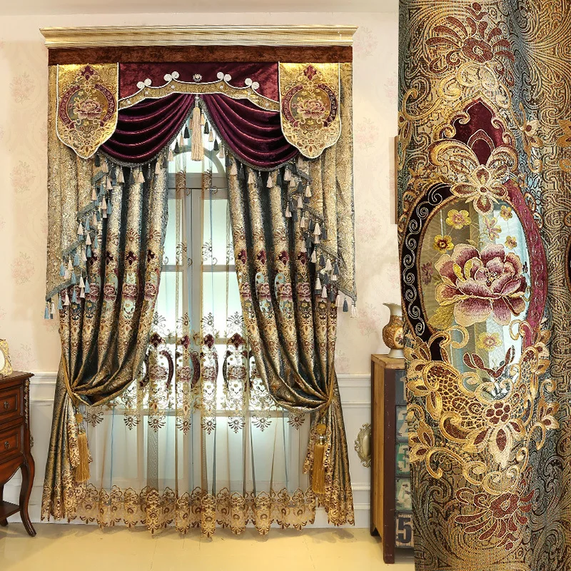 New European Style Golden Curtains for Villa Living Room Bedroom Hollow Embroidered Jacquard and Screens Luxury Light Blocking