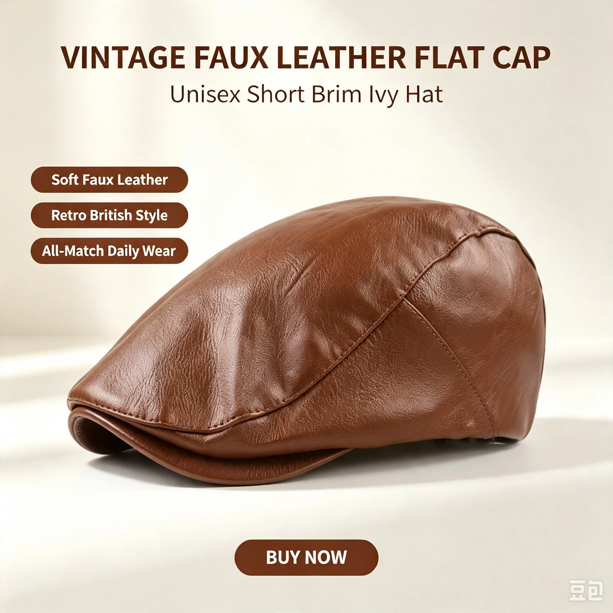 Unisex Vintage Kunstleder Flachmütze Retro Britischer Ivy-Hut Weiche Kurzbrim-Baskenmütze für Männer und Frauen Herbst Winter Casual Street Hat