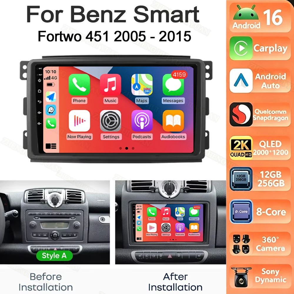 Android 16 CarPlay Android Auto For Mercedes Benz Smart Fortwo 451 2005 - 2015 Car Radio Stereo Navigation Multimedia Player GPS