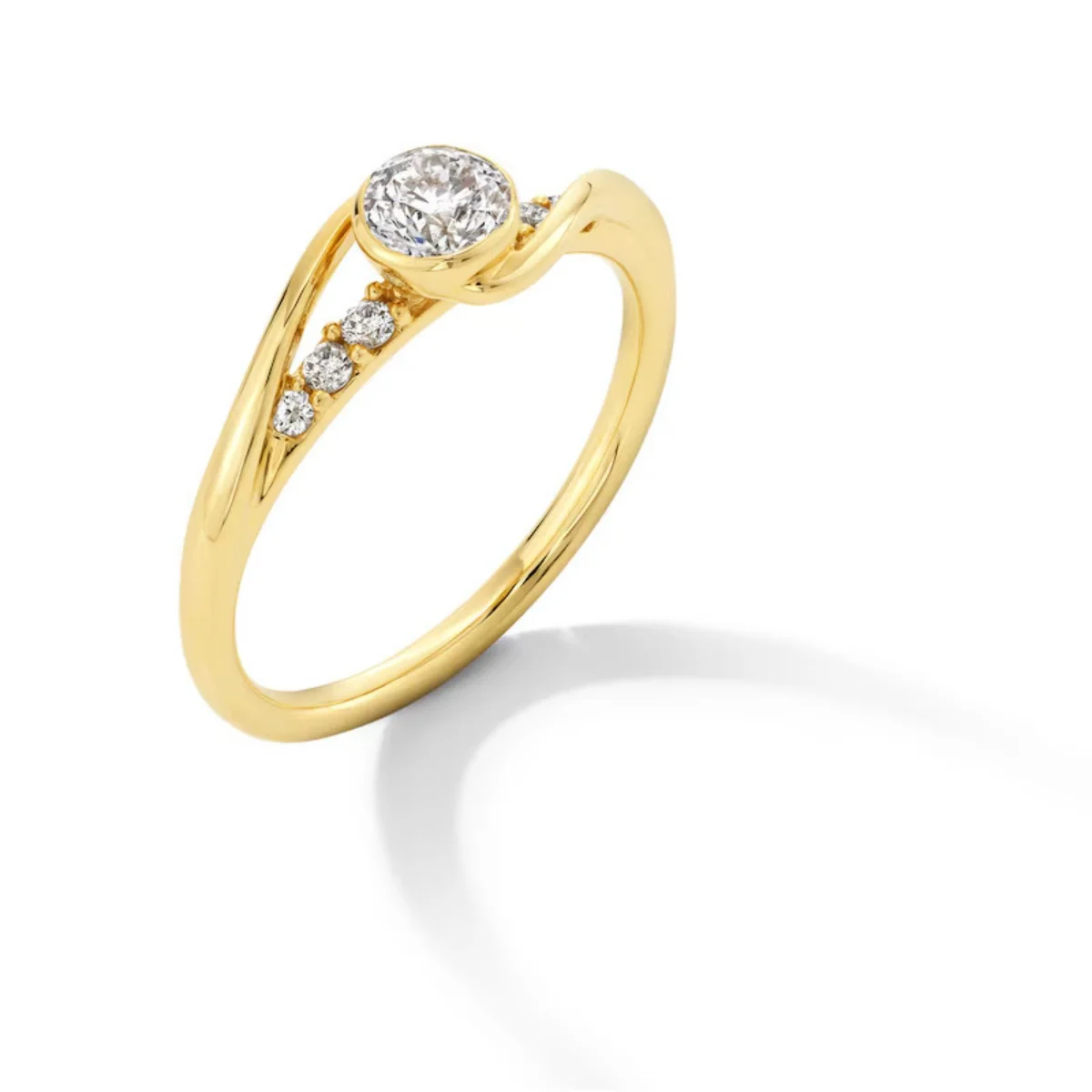 14K Yellow Gold Sidestone Diamond Ring Bezel Set Round Cut Lab Grown Diamond Ring Bypass Shank Diamond Ring For Engagement