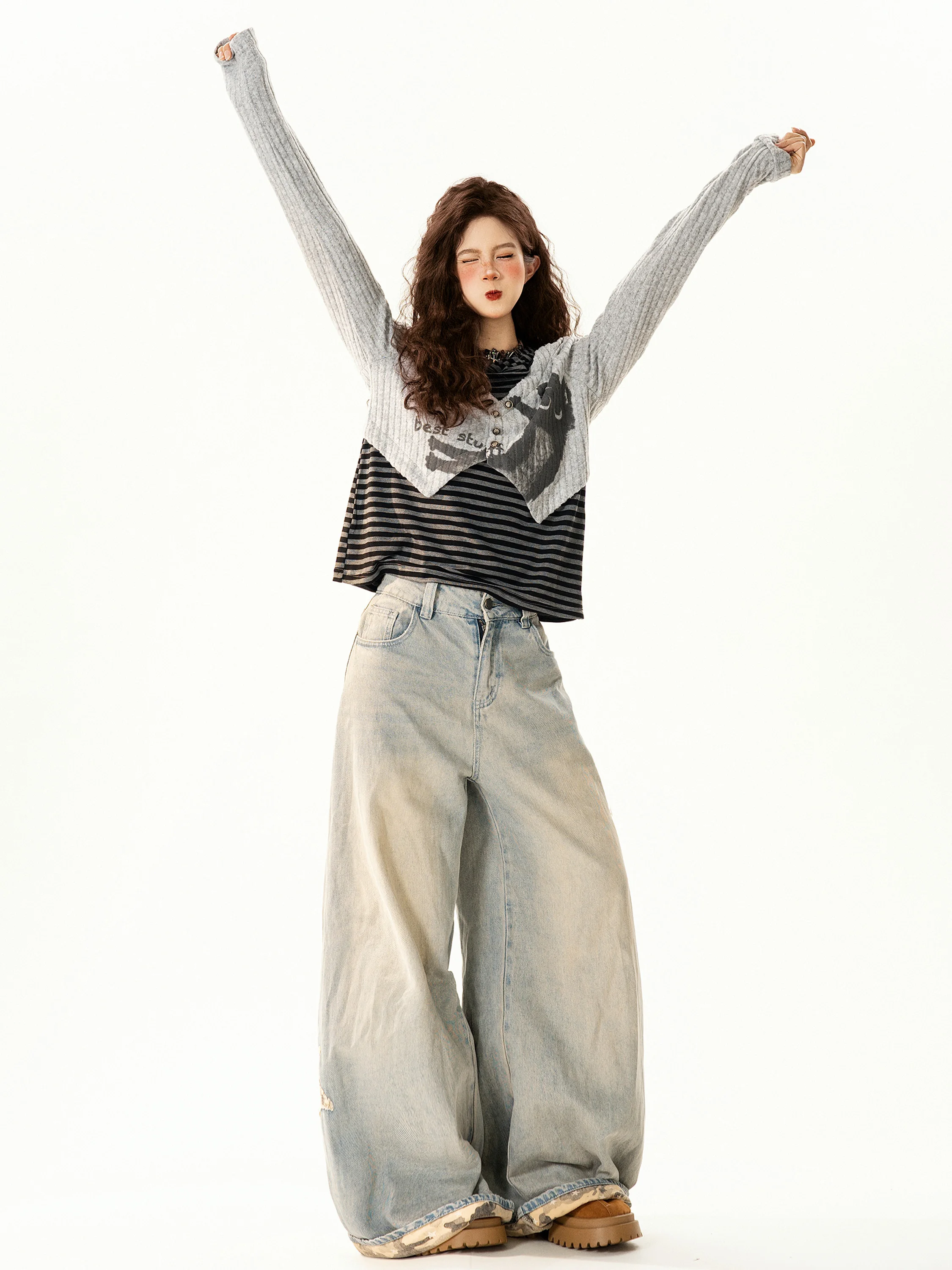 

Retro Striped Ear Hoodie Knitwear Women's Versatile Fake Two-Piece Spring Top Comfortable Polyester Cotton Blend Long Sve